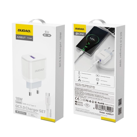 Dudao A20EU USB-A 18W Wandladegerät – Weiß + USB-A – USB-C-Kabel