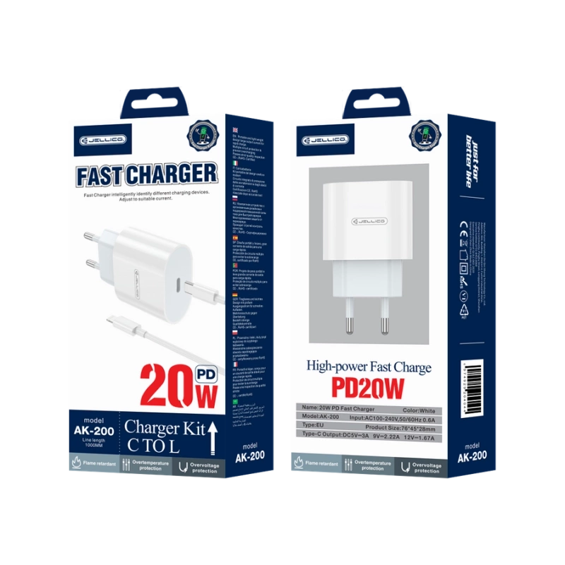JELLICO wall charger AK200 PD 20W 1xUSB-C + cable USB-C - Lightning White