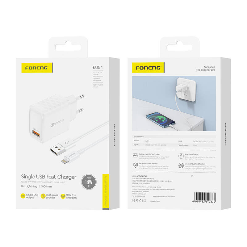 Ładowarka sieciowa Foneng EU54 18W USB-A,  3A (Biała) + kabel USB-A do Lightning
