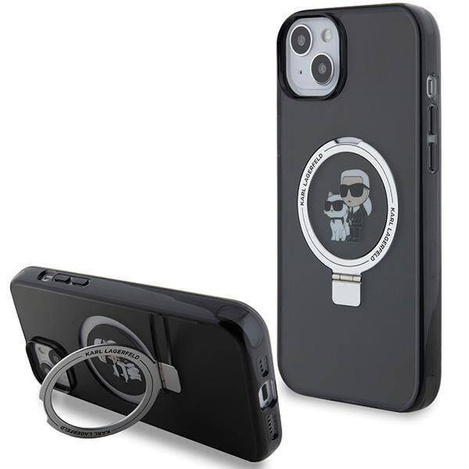 Original Handyhülle IPHONE 13 / 14 / 15 Karl Lagerfeld Hardcase Ring Stand Karl&Choupettte MagSafe (KLHMP14SHMRSKCK) schwarz