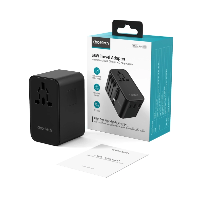 Choetech PD5020 35W EU/US/AUS/UK Reiseadapter mit integriertem USB-C-Kabel – Schwarz