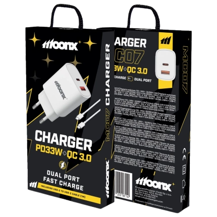MOONX ładowarka sieciowa MC07 PD 33W 1xUSB-C + 1xUSB QC3.0 + kabel USB-C - USB-C Biały
