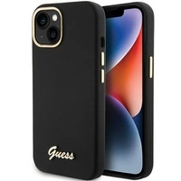Guess Silikon Script Metal Logo & Frame Hülle für iPhone 15 – Schwarz