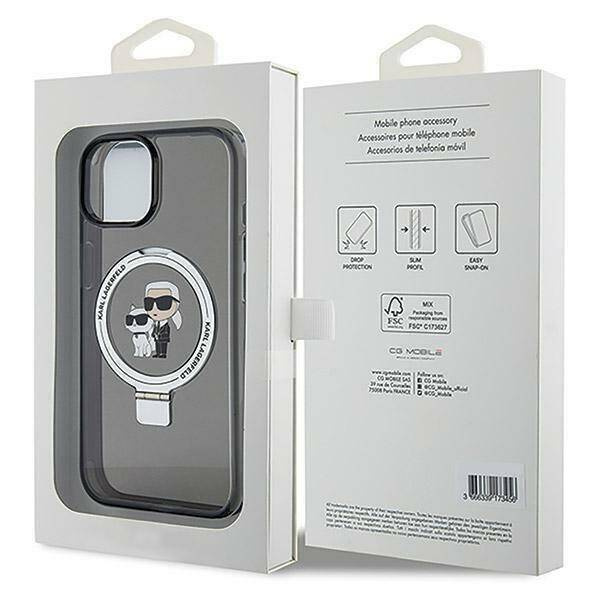 Original Handyhülle IPHONE 13 / 14 / 15 Karl Lagerfeld Hardcase Ring Stand Karl&Choupettte MagSafe (KLHMP14SHMRSKCK) schwarz