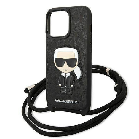 Original Case IPHONE 13 PRO Karl Lagerfeld Hardcase Leather Monogram Patch And Cord Iconik (KLHCP13LCMNIPK) black