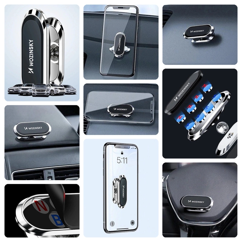 Wozinsky samoprzylepny magnetyczny uchwyt samochodowy 360 na deskę rozdzielczą srebrny (WMH-06)