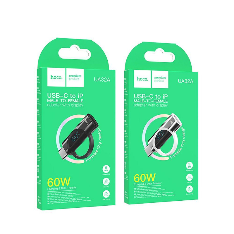 HOCO adapter Typ C (męski) do Lightning (żeński) z wyświetlaczem 3A 60W UA32A srebrny