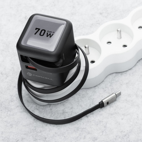 Ładowarka sieciowa do telefonu Forcell F-Energy GaN USB C + USB A + zwijany kabel USB C PD QC4.0 3A 70W VT-R7 szara