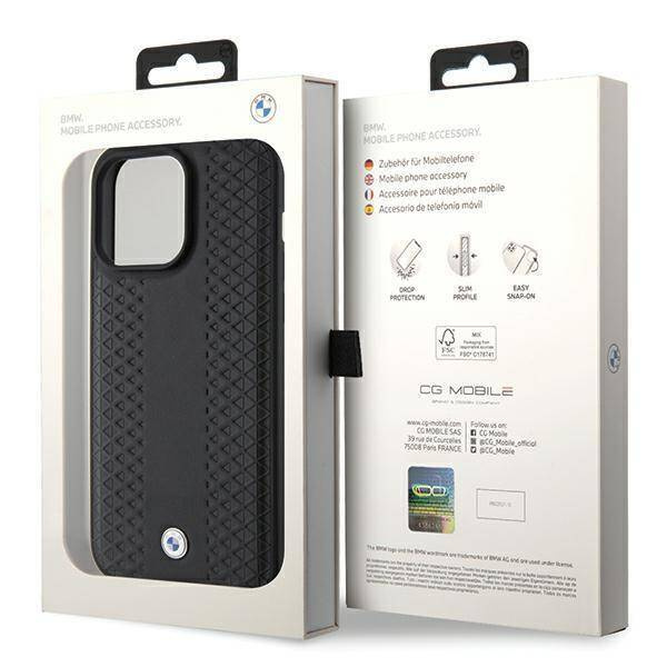BMW Lederhülle mit Rautenmuster für iPhone 15 Pro – Schwarz