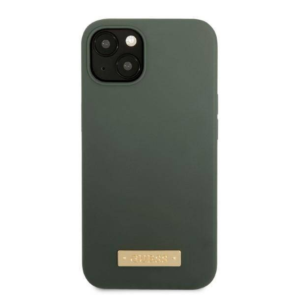 Original Handyhülle IPHONE 13 Guess Hard Case Silicone Logo Plate MagSafe (GUHMP13MSBPLA) grün
