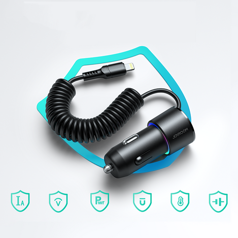 Joyroom 3-in-1 Auto-Schnellladegerät mit Lightning -Kabel 1,5 m 17 W schwarz (JR-CL25)