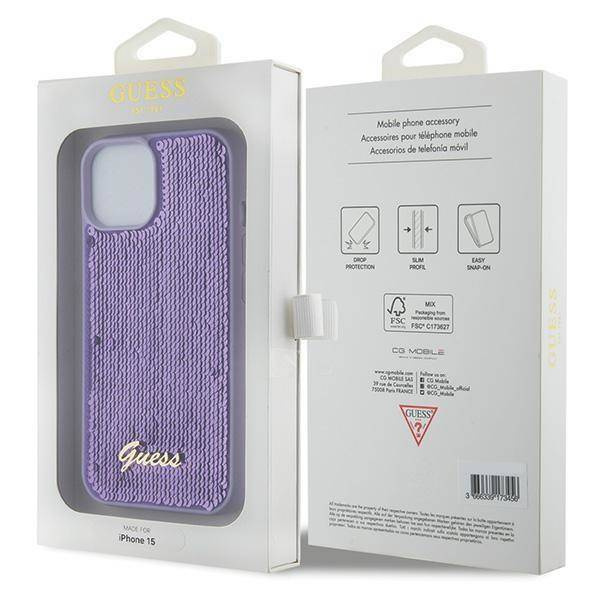 Etui Guess Sequin Script Metal na iPhone 15 - fioletowe