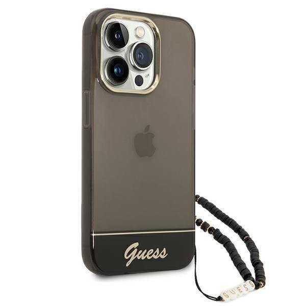 Original Handyhülle IPHONE 14 PRO MAX Guess Hardcase Translucent Pearl Strap schwarz