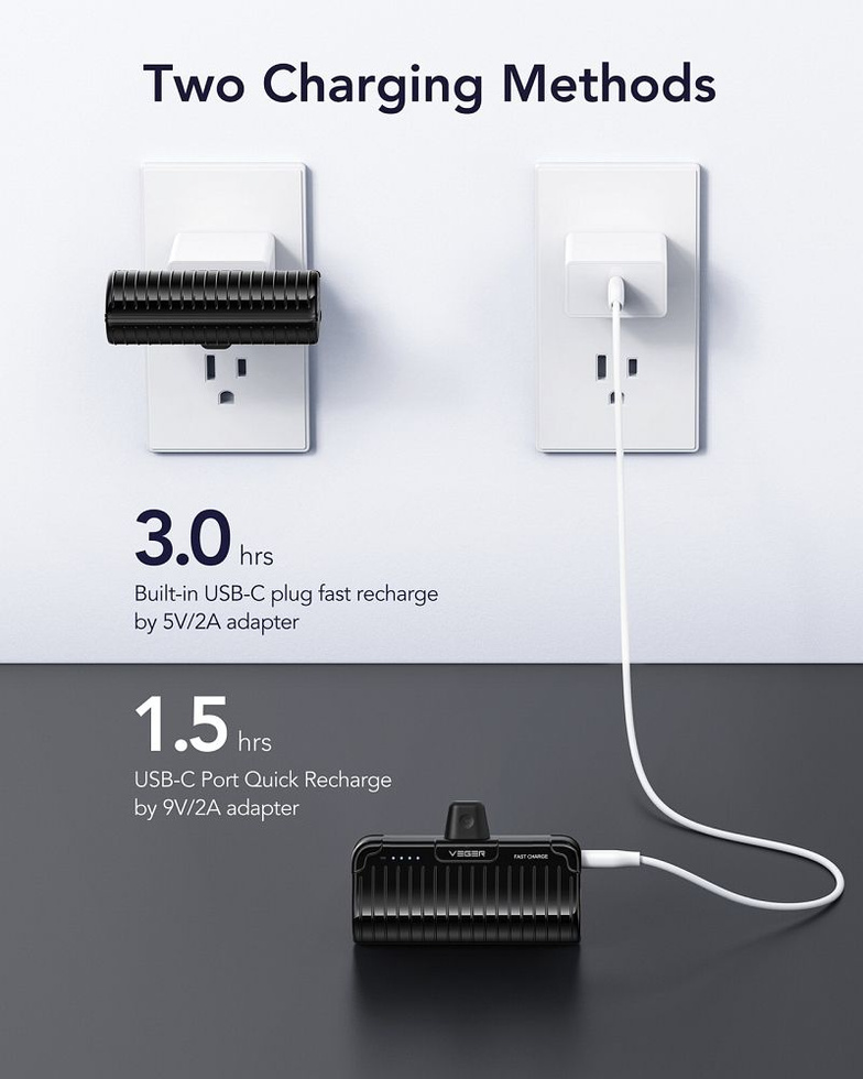 VEGER powerbank 5000 mAh z wbudowanym złączem Typ C PlugOn PD QC3.0 3A 20W W0558 czarny