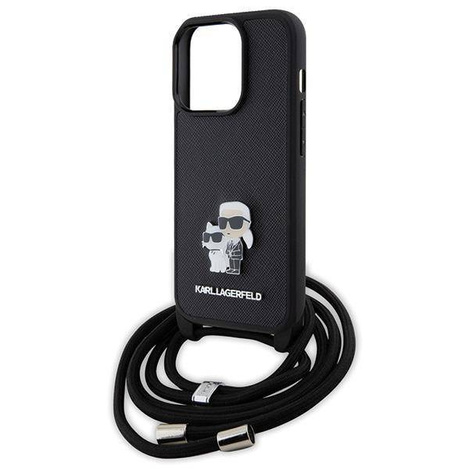 Karl Lagerfeld Crossbody Saffiano Metal Pin Karl &amp; Choupette Hülle für iPhone 15 Pro – Schwarz