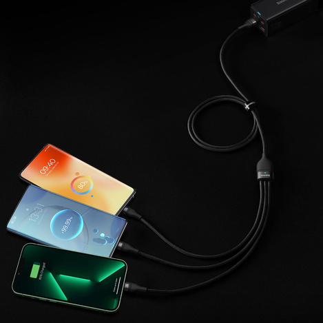 Baseus Flash Series Ⅱ One-for-three Fast Charging Data Cable USB to M+L+C 100W 1.2m Black