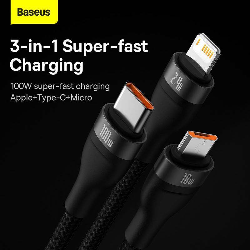 Baseus Flash Series Ⅱ One-for-three Fast Charging Data Cable USB to M+L+C 100W 1.2m Black