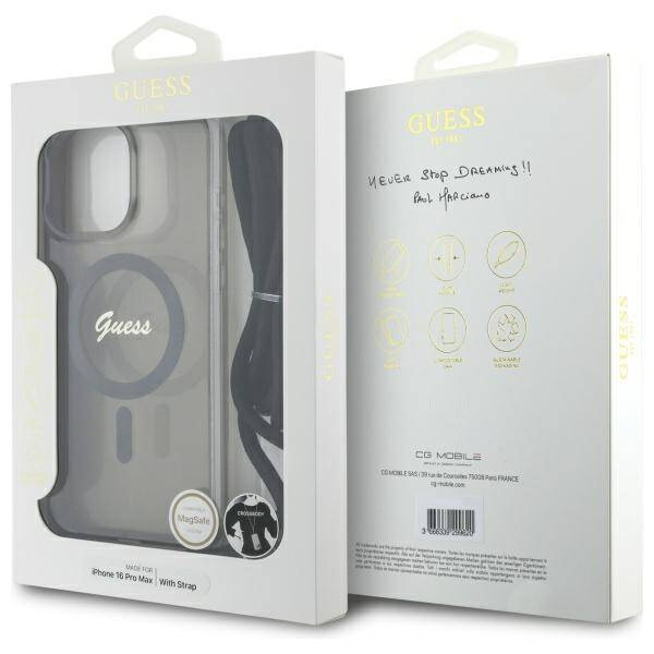Original Handyhülle IPHONE 16 PRO Guess Hardcase Crossbody Cord Script MagSafe (GUHMP16LHCTSGNSK) schwarz