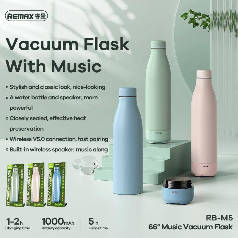 Remax bezprzewodowy głośnik bluetooth 5.0 z termosem kubkiem termicznym 500ml zielony (RB-M5)