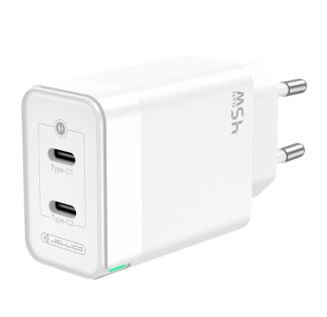 JELLICO ładowarka sieciowa C106 GaN PD 45W 2xUSB-C + kabel USB-C - Lightning Biały