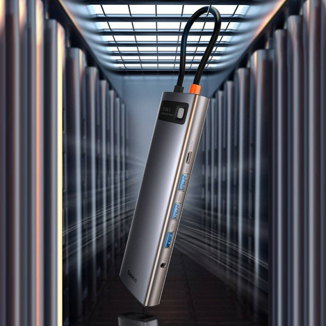 Baseus Metal Gleam 11w1 wielofunkcyjny HUB USB Typ C - 3x USB 3.2 Gen 1 5Gbps / USB Typ C PD 100W / 3,5 mm mini jack AUX / VGA Full HD 60Hz / 2x HDMI 4K 30Hz / czytnik kart TF i SD / RJ45 1Gbps szary (CAHUB-CT0G)