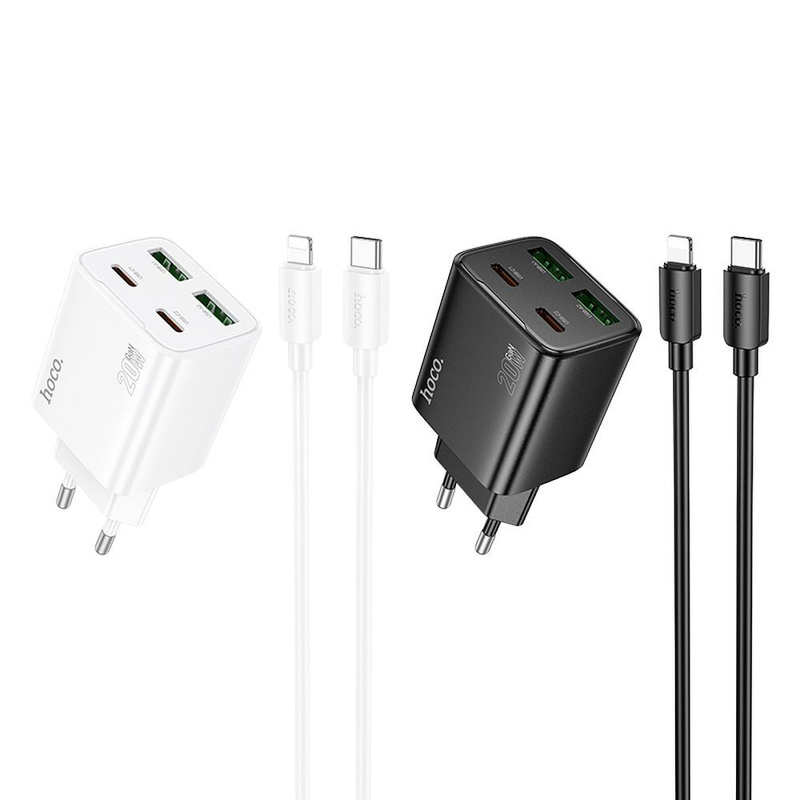 Ładowarka sieciowa do telefonu Hoco 2 x USB C + 2 x USB A QC3.0 PD 3A 20W + kabel USB C do Lightning N55 biała