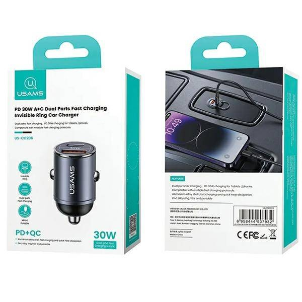 Ładowarka Samochodowa 30W PD USB-C + USB Fas Charge Z Wbudowaym Pierścieniem USAMS C38 CC206CC01 (US-CC206) stalowa