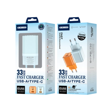 JELLICO wall charger EU55 GaN PD 33W 1xUSB-C + 1xUSB QC3.0 Blue