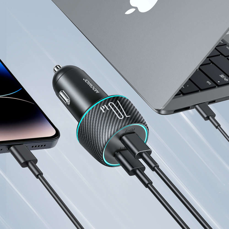 Autoladegerät 2x USB C 70W mit LED-Hintergrundbeleuchtung Joyroom JR-CCN02 | Schwarz