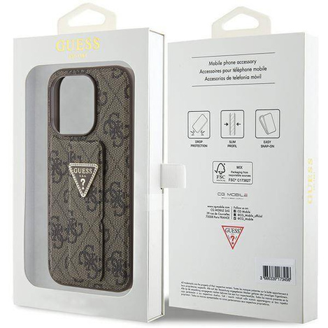 Guess Grip Stand 4G Triangle Strass Hülle für iPhone 15 Pro Max - braun