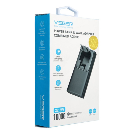 Bateria zewnętrzna (Powerbank) VEGER ACE100 - 10 000mAh Quick Charge PD 20W (W1146)