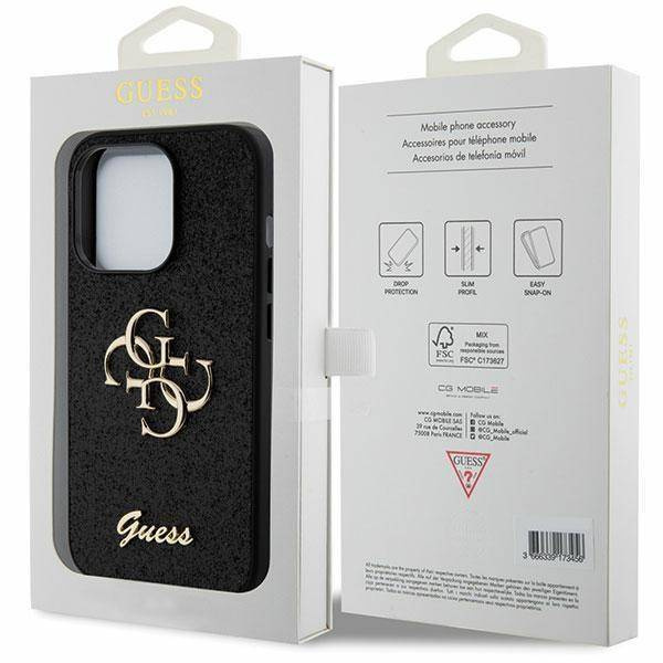 Guess Glitter Script Big 4G Hülle für iPhone 15 Pro – Schwarz