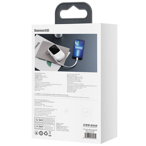 Baseus Qpow Digital Display powerbank z szybkim ładowaniem 20000mAh 20W QC/PD/SCP/FCP z wbudowanym kablem Lightning biały