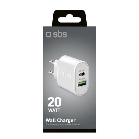 SBS TETRPD20W 20W USB-A USB-C Wall Charger with Power Delivery - White