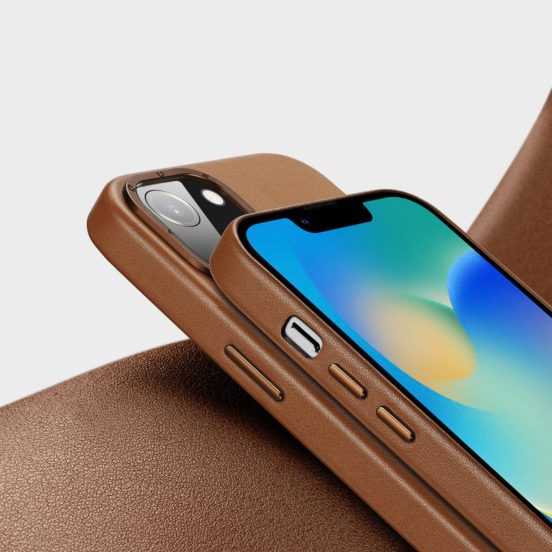 Dux Ducis Grit Ledertasche für iPhone 14 Max Elegante Kunstlederhülle (MagSafe-kompatibel) Braun