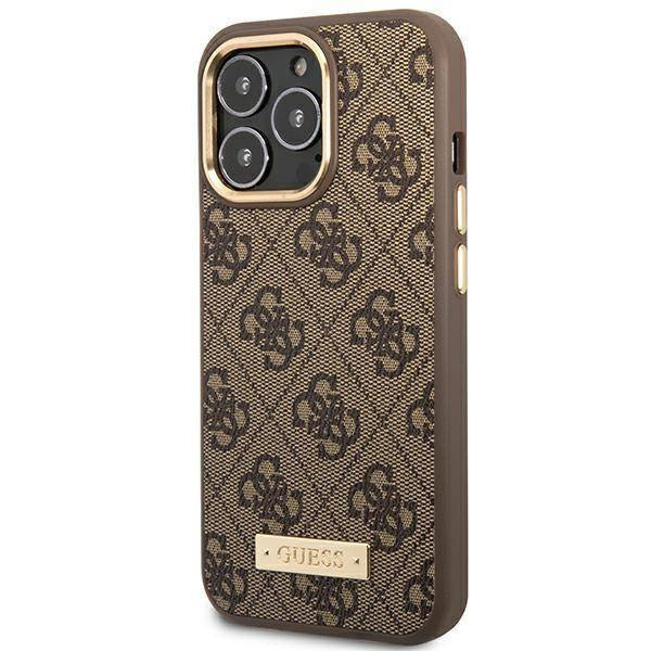 Original Handyhülle IPHONE 14 PRO Guess Hard Case 4G Logo Plate MagSafe (GUHMP14LU4GPRW) braun