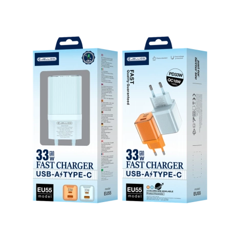 JELLICO ładowarka sieciowa EU55 GaN PD 33W 1xUSB-C + 1xUSB QC3.0 Niebieski