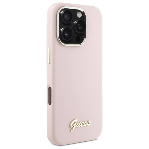 Original Handyhülle IPHONE 16 PRO Guess Hardcase Silicone Script Metal Logo & Frame (GUHCP16LSMBSLP) rosa