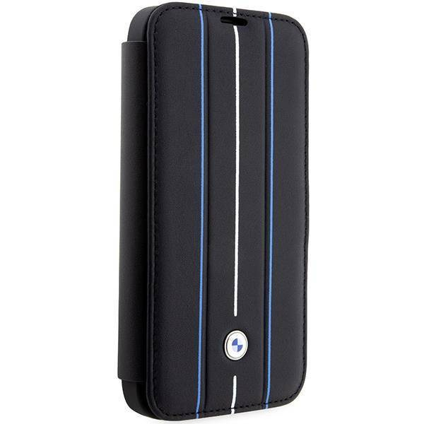 Oryginalne Etui IPHONE 14 PRO BMW Bookcase Leather Stamp Blue Lines (BMBKP14L22RVSK) czarne