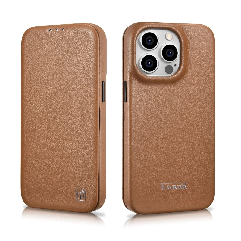 iCarer CE Premium Leather Folio Case skórzane etui iPhone 14 Pro z klapką magnetyczne MagSafe brązowy (WMI14220714-BN)