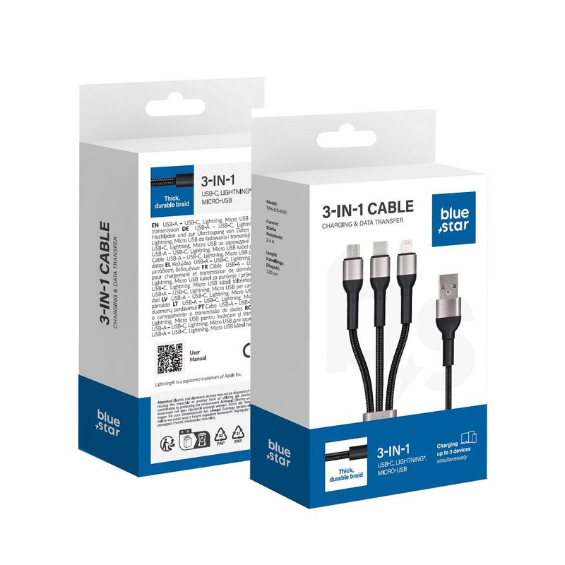 Kabel Blue Star z oplotem 3w1 ze złączami micro USB, USB C i Lightning 3A