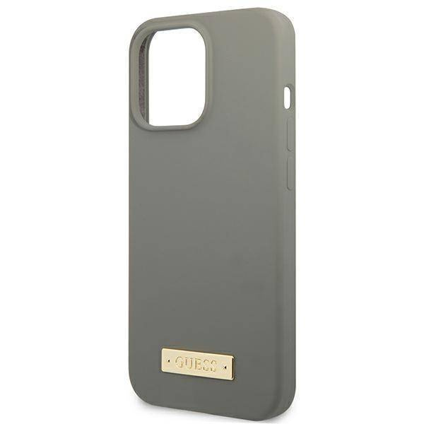 Oryginalne Etui IPHONE 13 PRO Guess Hard Case Silicone Logo Plate MagSafe (GUHMP13LSPLG) szare