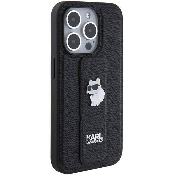 Karl Lagerfeld Gripstand Saffiano Choupette Pins Hülle für iPhone 15 Pro Max – Schwarz