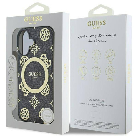Original Handyhülle IPHONE 16 Guess Hardcase IML Peony On 4G Background MagSafe (GUHMP16SH4PYEEK) schwarz