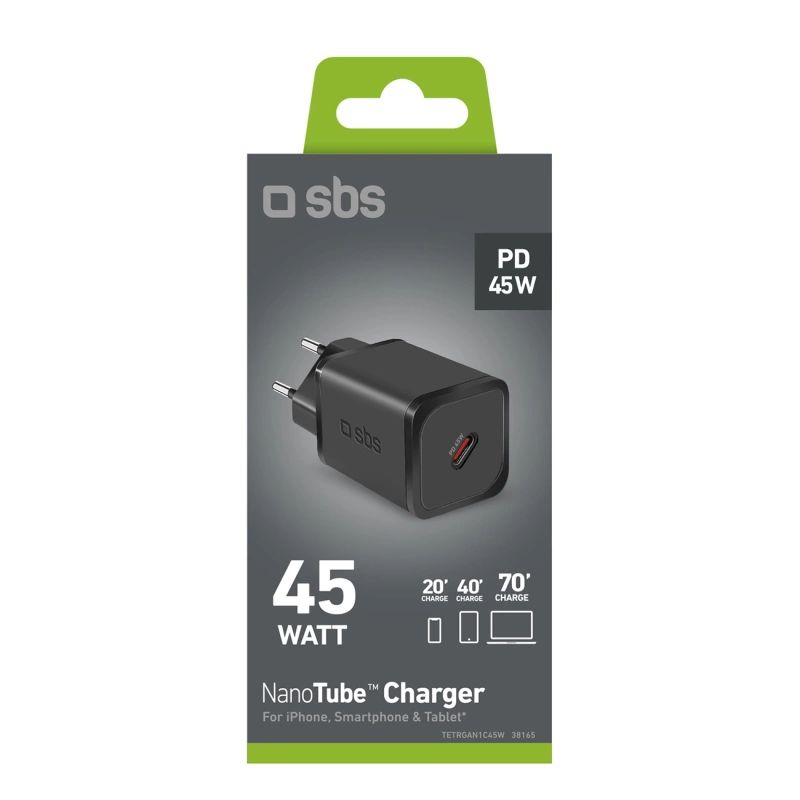 SBS TETRGAN1C45W 45-W-GaN-USB-C-Wandladegerät mit Power Delivery – Schwarz