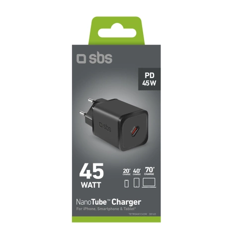 SBS TETRGAN1C45W 45-W-GaN-USB-C-Wandladegerät mit Power Delivery – Schwarz