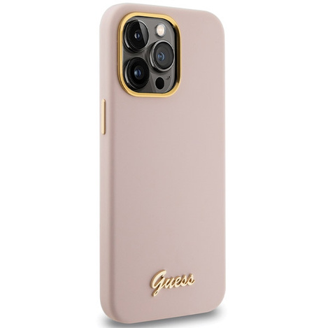 Guess Silikon Script Metal Logo &amp; Frame Hülle für iPhone 15 Pro Max – Rosa