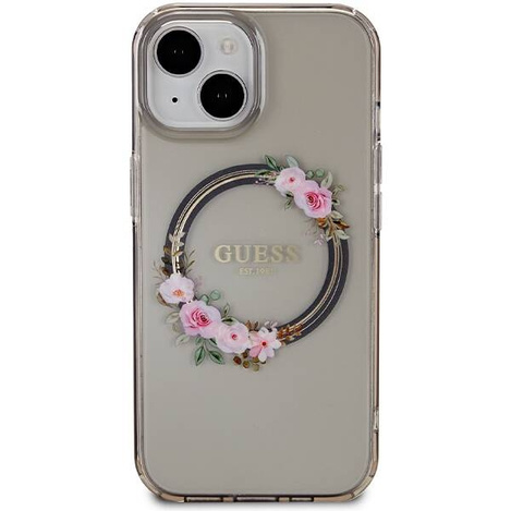 Guess IML Flowers Wreath MagSafe Hülle für iPhone 15 / 14 / 13 – Schwarz