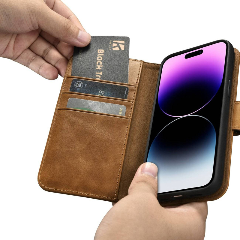 iCarer Oil Wax Wallet Case 2in1 iPhone 14 Pro Max Flip Leather Cover Anti-RFID Braun (WMI14220724-TN)