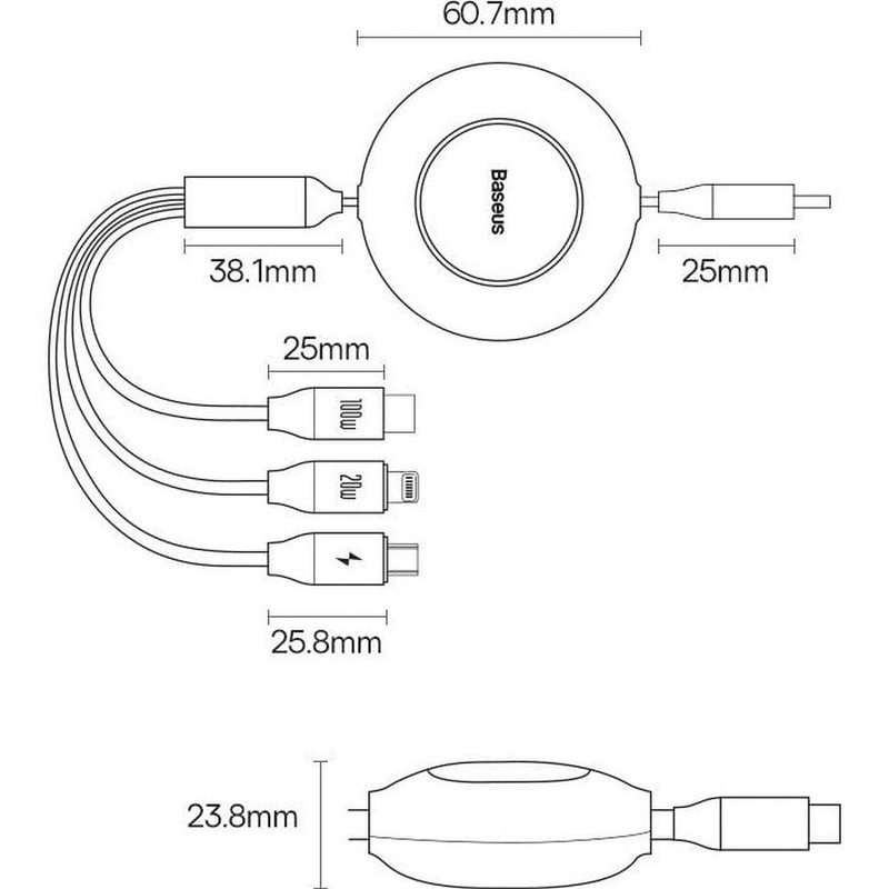 Baseus Bright Mirror 2 retractable cable 3in1 USB Type C - micro USB + Lightning + USB Type C 3.5A 1.1m black (CAMJ010201)